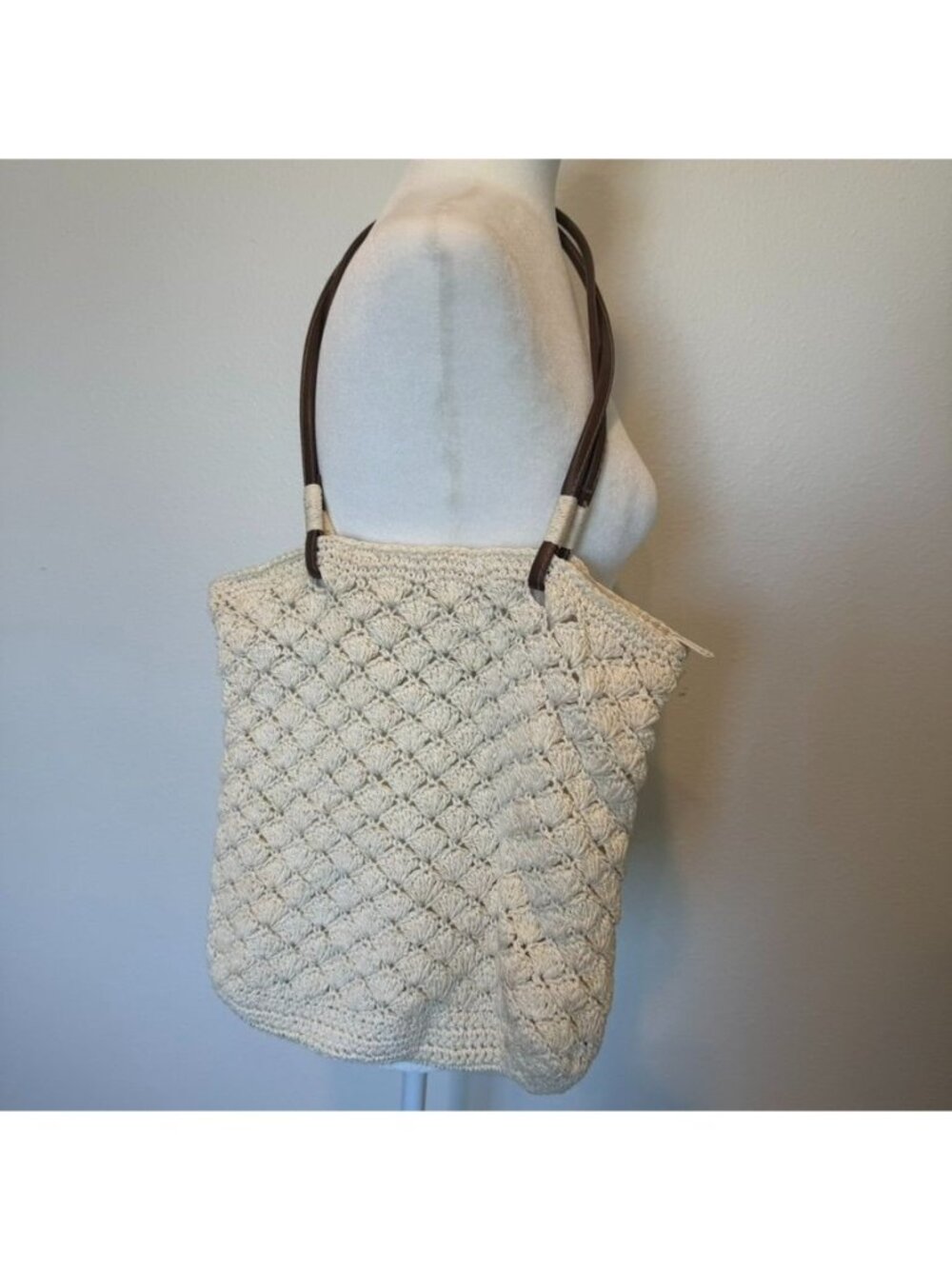 Boho Cream Crochet Shoulder Tote Bag Bohemian